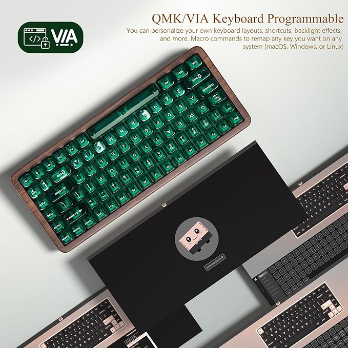 Womier 75% Mechanical Keyboard Wireless with QMK/VIA WD75 V2 Wood Gaming Keyboard 8000mAh Battery Tri-Mode Custom Key Board RGB Hot Swappable with Translucent Clear Keycaps-POM Linear Switch