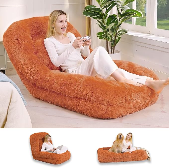 Floor Chair with Back Support Human Dog Bed with 5 Adjustable Position Convertible Lazy Floor Lounger Comfy Gaming Chair Plush Folding Sofa Bed for Adult Living Room Bedroom Orange