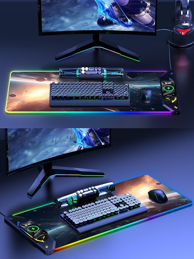 TopMade Wireless Charging Mouse Pad RGB Gaming Mousepad 35.4 x 15.8 Extra Large Waterproof Keyboard Desk Pad Computer Desk Mat Cosmic Planet (Includes 20W PD Power Adapter &amp 6.56ft Woven Cab