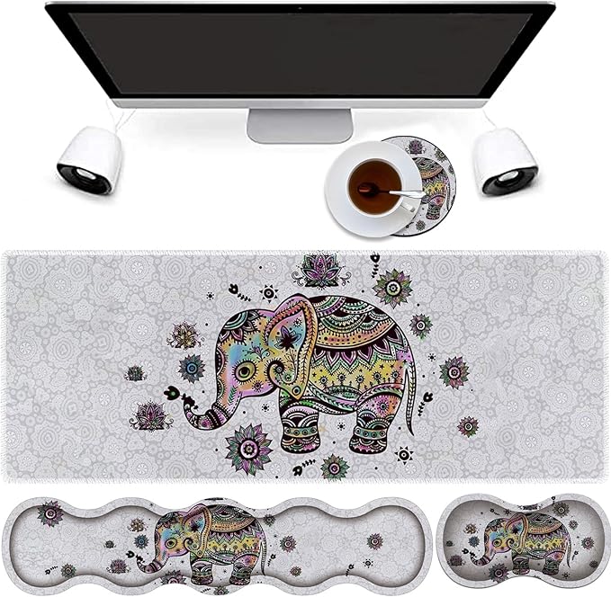4 in 1 Mouse Pad Combo Large Gaming Mouse Pad + Keyboard Wrist Support + Mouse Wrist Rest + Coaster Table Pad with Stitched Edge Ergonomic Wrist Pad Set Cute Colorful Floral Baby Elephant