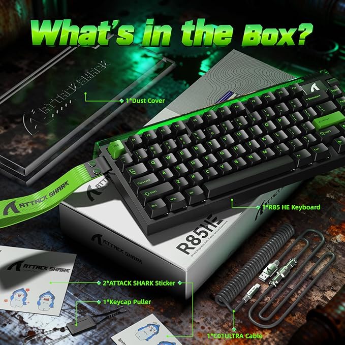 ATTACK SHARK R85 HE 75% Magnetic Wired Gaming Keyboard8KHz Polling Rate Rapid Trigger0.005mm RT Precision256K Scan RateCustom Hot-SwappableWeb Driver PC Keyboard for Gamer/Win/MacNeon Green