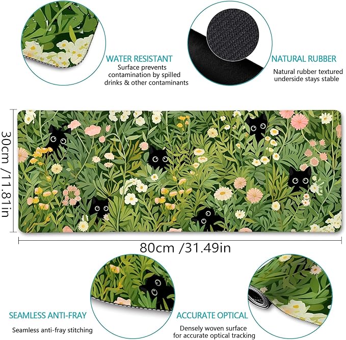Anime Black Cat Ergonomic Mouse Pad with Wrist Rest Green Desk Mat Pad Keyboard Mouse Pad for Desktop Computer Laptop Work Home Cute Office Desk Accessories