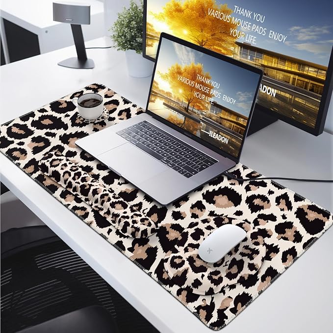iLeadon Mouse Pad Set Desk Mat + Mouse Pad with Wrist Rest + Keyboard Wrist Rest + Coaster 4in1 Leopard Mouse and Keyboard Pad Set for Home Office Classic Leopard