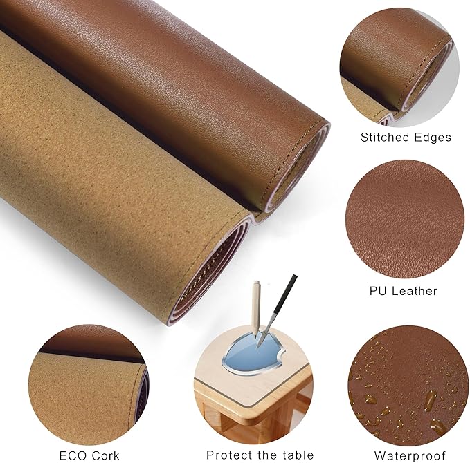 MAIDERN 40” x 24” Leather Desk Pad Reversible Large Desk Mat Cork &amp Leather Large Mouse pad for Desk Waterproof Computer Desk Pad for Gaming Home Office (Brown)