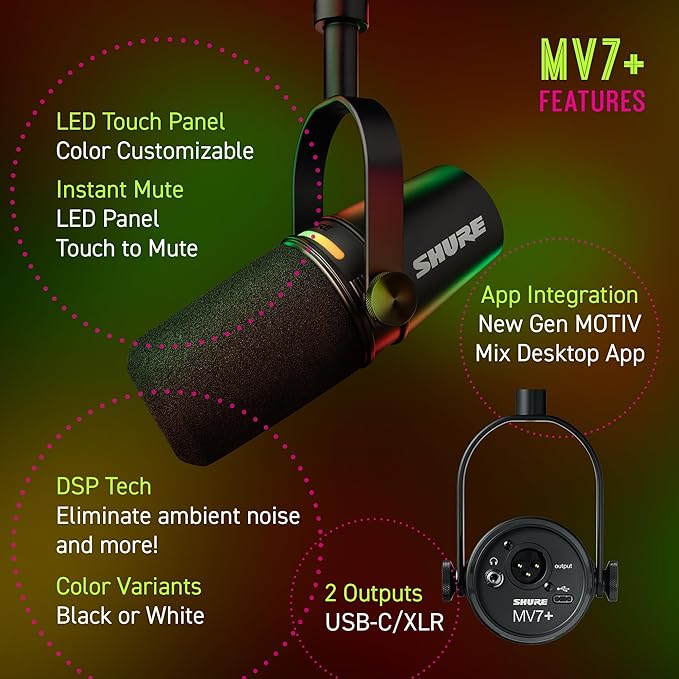 Shure MV7+ Podcast Dynamic Microphone – OBS Certified Enhanced Audio LED Panel USB-C &amp XLR Outputs Auto Level Mode Digital Pop Filter Reverb Effects – for Podcasting Streaming Recording B