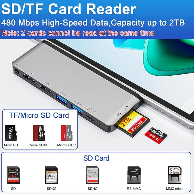 Surface Pro 9/10/11/X Docking Station Quad Display Surface pro 11 USB Hub with Dual 4K@60Hz HDMI USB-C (4K@60Hz Video+40Gbps Data+100W Charge) 2 USB3.0 SD/TF 3.5mm Mic for Surface Pro 11/10/9/X
