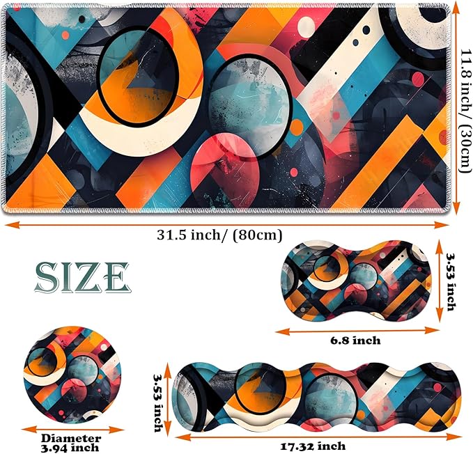 Large Gaming Mouse Pad + Keyboard Wrist Rest + Wrist Support + Coaster Set Memory Foam Ergonomic for Easy Typing XXL Extended Gaming Mouse Pad Table Pad - Abstract Geometric Pattern