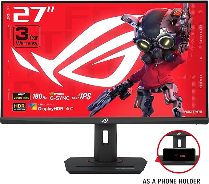 ASUS ROG Strix 27” QHD (2560x1440) HDR400 USB-C Gaming Monitor (XG27ACS) 180Hz1ms Fast IPS 133% sRGB Extreme Low Motion Blur Sync G-Sync Compatible DisplayWidget Tripod Socket 3 Year Warranty