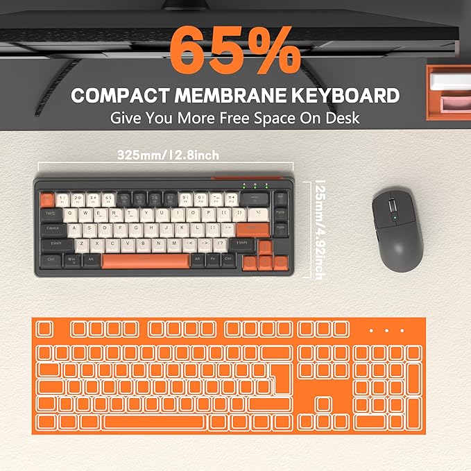 M68 65% Wireless Gaming KeyboardBluetooth/2.4GHz/ Wired Tri-Mode Silent Membrane KeyboardPBT Keycaps2000mAH Rechargeable67 Keys Rainbow LED Backlit PC Gaming Keyboard for Win/Mac-Shimmer
