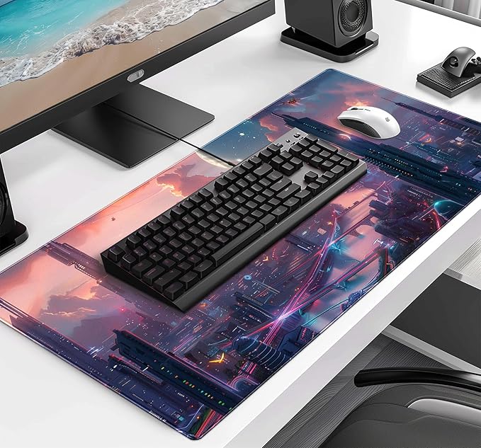 Digital Anime City Night View Office Art Desk Mat Female Aesthetic Style Oversized Stitched Edge Laptop Keyboard Desk Mat 35.4 x 15.7 x 0.12 Inches