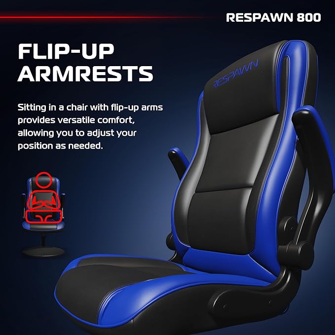 RESPAWN 800 Swivel Rocker Gaming Chair - Ergonomic Floor Gaming Seat with Lumbar Support Flip Up Armrest High Back Pedestal Base Comfortable No Wheels Console Video Game Rocker Chair - Blue