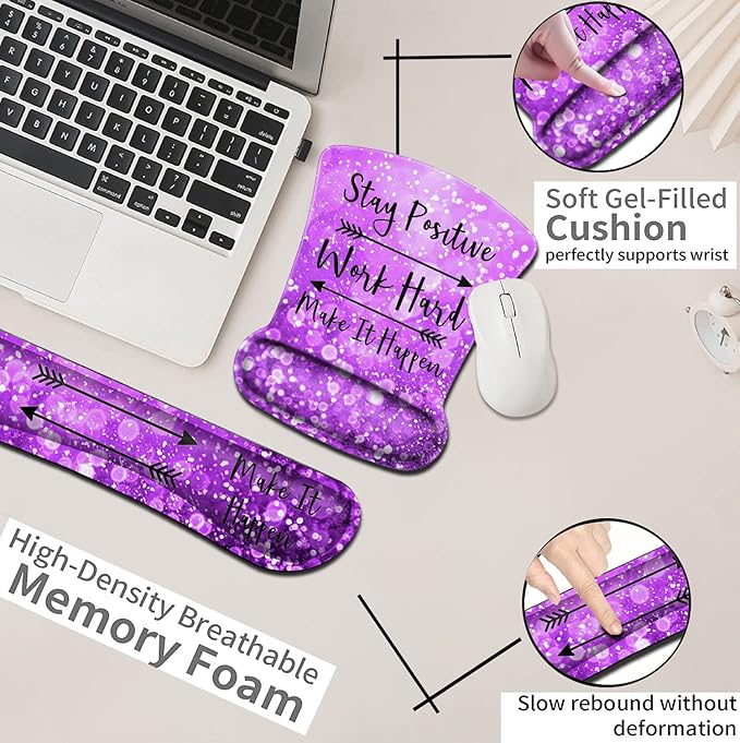 Mouse Pad with Wrist Support Ergonomic Gel Mousepad Memory Foam Keyboard Wrist Rest Suitable for Office TypingGames Desktop Decoration Stay Positive Work Hard and Purple Glitter Graphic for Women
