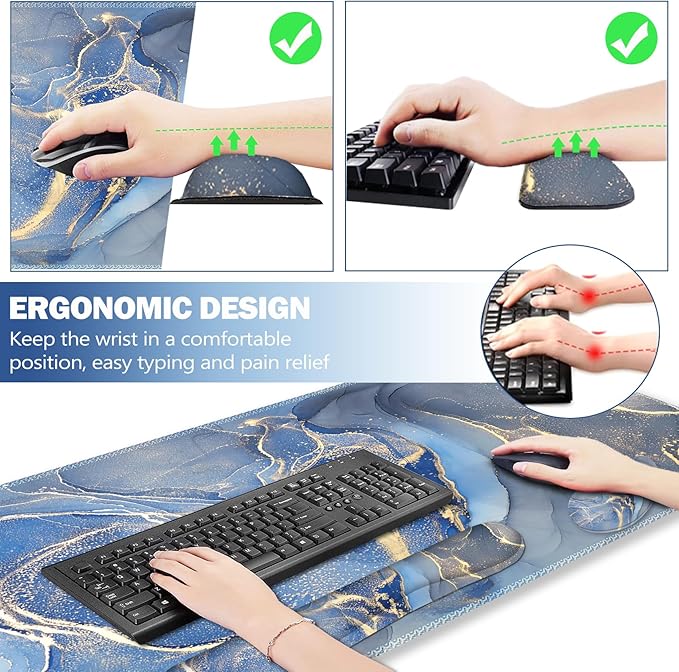 ARTSO Ergonomic Large Mouse Pad and Keyboard Wrist Rest Blue Marble Desk Pad for Keyboard and Mouse Big Gaming Mousepad with Wrist Support for Home Office Working Game
