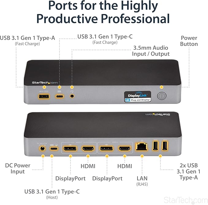 StarTech.com USB-C / USB-A Hybrid Docking Station for MacBook Pro / Air M1 M2 M3 M4 &amp Windows Universal Dual 4K 60Hz HDMI DP Dock Thunderbolt Compatible 60W Laptop Charging