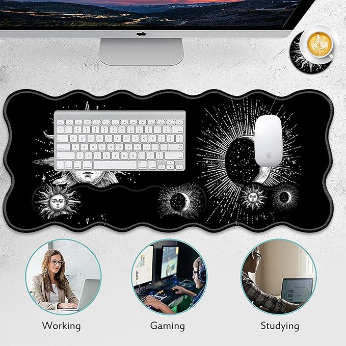 4 in 1 Desk Mat SetMouse Pad with Keyboard Wrist RestWave-Shaped DesignNon-Slip Rubber BaseWaterprooffor HomeOfficeGamingSun and Moon