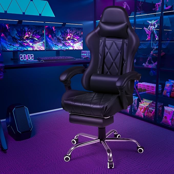 Shahoo Gaming Chair with Footrest and Massage Lumbar Support Computer Game Chairs Ergonomic Office Seat Height Adjustable with Headrest Black