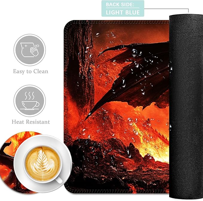 Keyboard Mouse Pad Set Extended Gaming Mouse Pad+Ergonomics Keyboard Wrist Rest Support Memory Foam Easy Typing Pain Relief 4Pcs XL Ultra Thick Desk MatFire Dragon