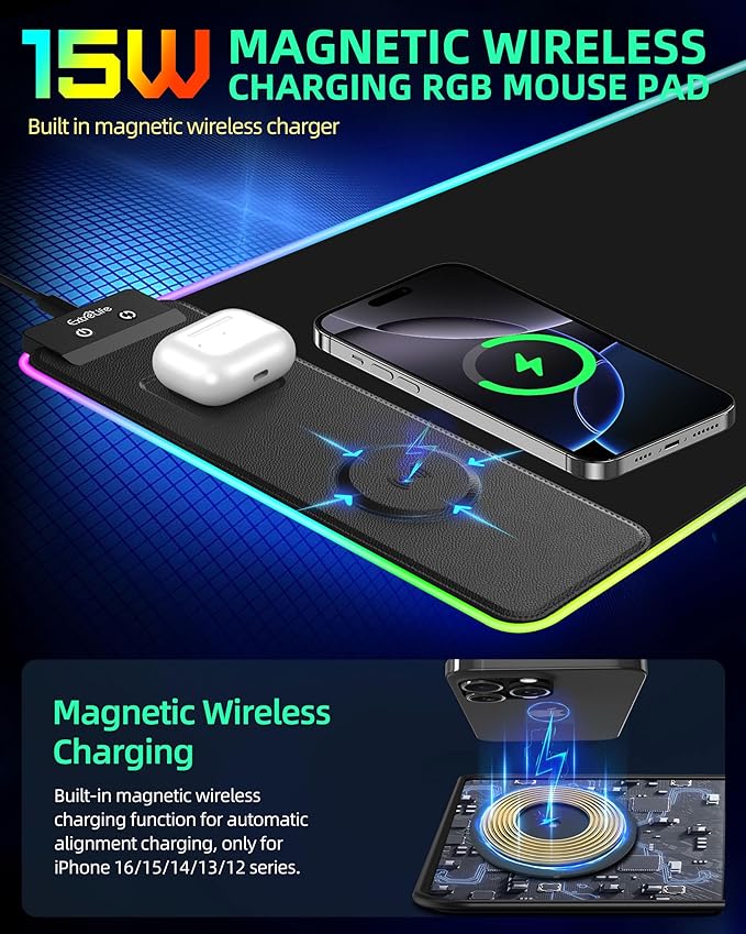 ExtreLife Wireless Charging Mouse Pad RGB Gaming Mousepad 31.5x11.8 Extra Large Desk Mat 13 Light Modes Ultra-Smooth Surface Non-Slip Base Waterproof Computer Keyboard Pad for Laptop Black