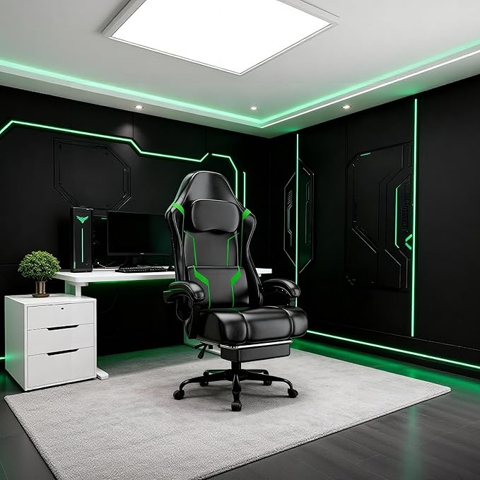 Ergonomic Gaming Chair Video Game Chair with Pocket Spring Cushion and Footrest Height Adjustable Computer Chair with Swivel Seat and Headrest (Green)