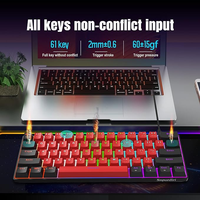 Snpurdiri 60% Wired Mechanical Keyboard Mini Gaming Keyboard with 61 Keys for PC Windows XP Win 7 Win 10 (Black-Red Red Switches)