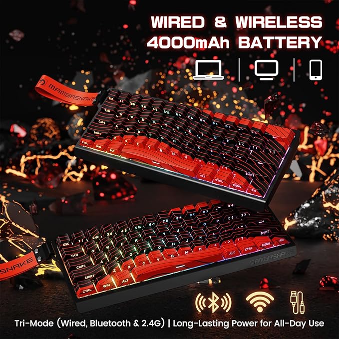 MAMBASNAKE X60 HE Magnetic Switch Keyboard Adjustable ActuationBT/2.4G/Wired Tri-Mode 60% Percent Mechanical Gaming Keyboard8KHz Polling Rate Rapid TriggerWeb Driver for Win/Mac-Black &amp Red