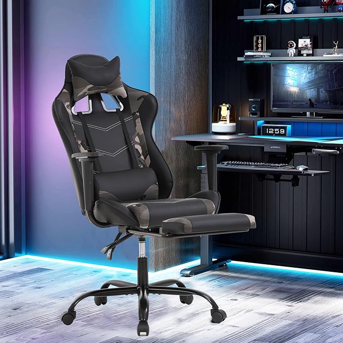 Office Gaming Chair Pu Leather Comfortable Gaming Chair for Adults Gamin Chair with Headrest &amp Lumbar Support Office Chair with Foot Rest &amp Armrest Height Adjustable Computer Chair(Camo)