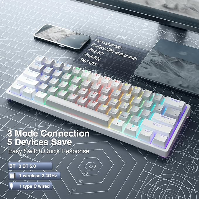 SK961 60% Wireless Gaming Keyboard with Triple Mode BT5.0/2.4GHz/USB-C WiredRGB Backlight 61 Keys Wireless 60% Keyboard Hot Swappable Mechanical KeyboardRed Switch