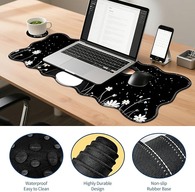 4-Piece XXL Gaming Mouse Pad Set (31.5x11.8) with Keyboard Wrist RestMouse Wrist Support &amp CoasterErgonomic Non-Slip Desk Mat for Office &amp HomeCute Black White Cow