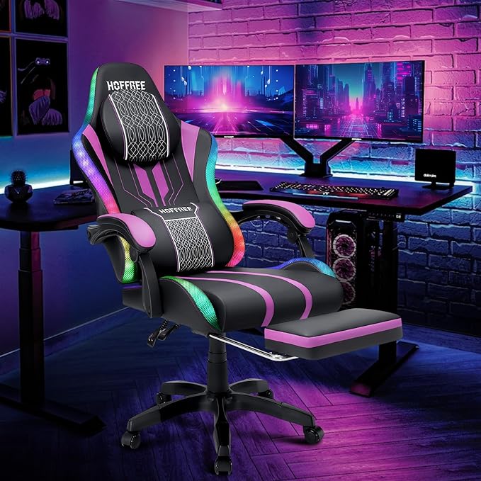 HOFFREE Led Gaming Chair Massage with Speakers Big and Tall Video Game Chair with Footrest for 400lbs Reclining High Back Computer Desk Chair Purple and Black