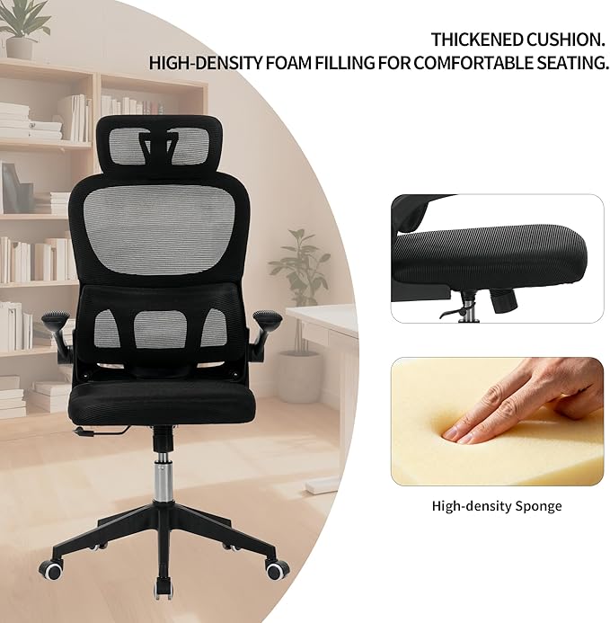 High Back Ergonomic Office Chair - Big and Tall Mesh Desk Chair with 3D Adjustable Headrest &amp Lumbar Support Swivel Computer Task Chair for Home Office Wide Seat 300lbs Capacity (Black Model F