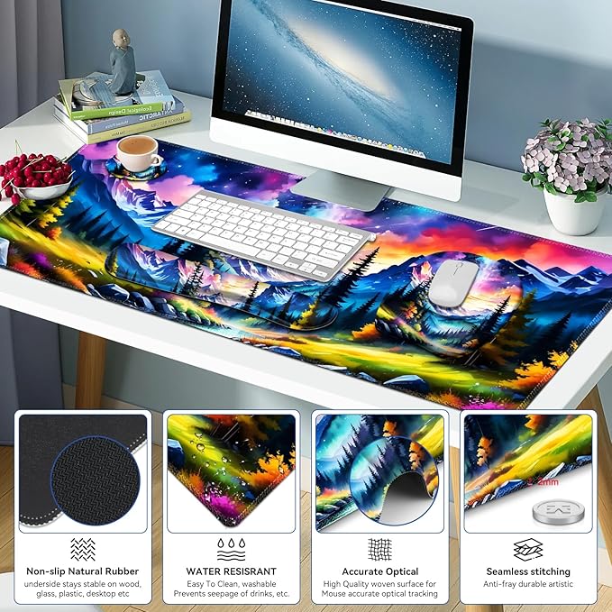 4 in 1 Large Mouse Pad Keyboard Wrist Rest Set Ergonomic Mouse Pad with Wrist Support Desk Mat with Stitched Edges Extended Desk Pad Waterproof Desk Mat for Home Office Game I Landscaping Mountain