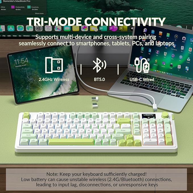L98 Wireless Gaming Keyboard Green Cute Creamy Keyboard with Number Pad Tri-Mode BT5.0/2.4GHz/USB-C RGB Backlit Quiet Office Computer Keyboards for PC Mac Laptop (Green White)
