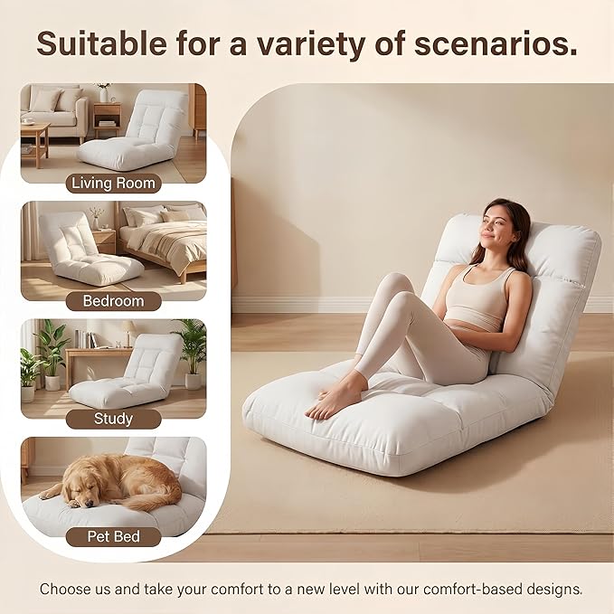 Folding Floor Chair with Back Support 5 Adjustable Position Padded Sleeper Bed Couch Recliner Comfy Floor Gaming Chair for Adults Meditation Reading Living Room Bedroom