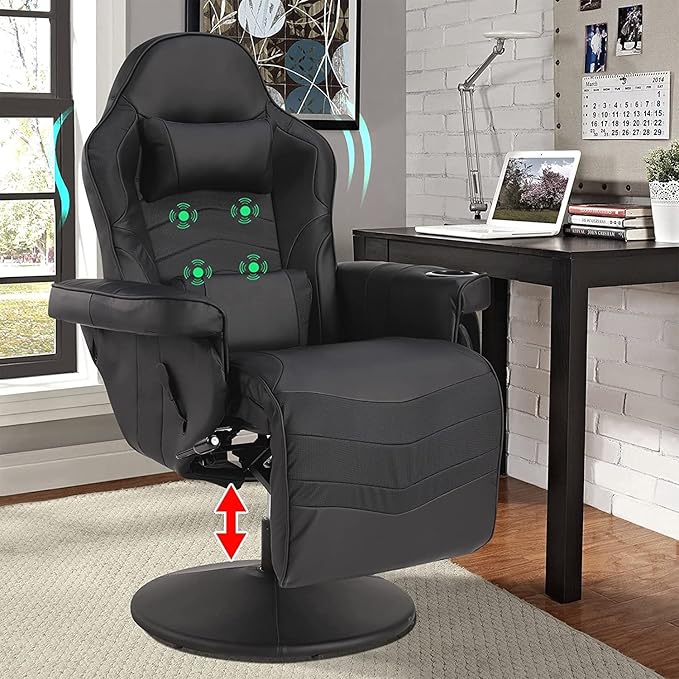 LVUYOYO Reclining Gaming Chair Gaming Chair with Footrest and Massage High Back PU Leather Gaming Recliner w/Adjustable Height Swivel Game Chair with Lumbar Support Cup Holder Headrest