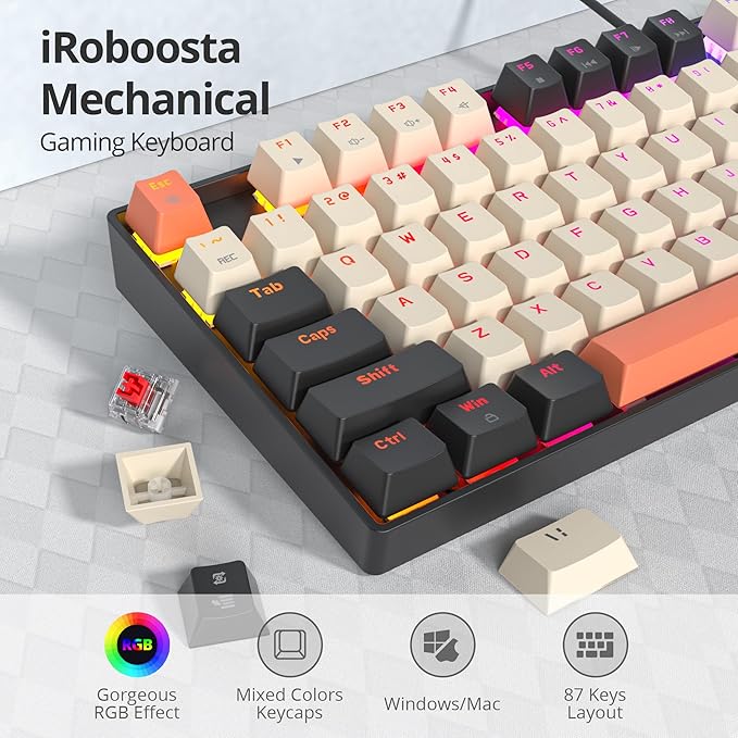 75% Mechanical Gaming Keyboard with Red Switch RGB LED Backlit Keyboard Orange 87 Keys Compact TKL Wired Computer Keyboard for Windows Laptop PC Gamer (87 Carbon)