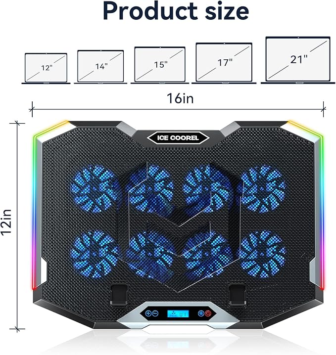 ICE COOREL Gaming Laptop Cooling Pad with 8 Cooling Fans Laptop Fan Cooler Pad for 15-17.3 Inch Notebook Cooler Stand with 6 Height Adjustable RGB Cooling Pad with Two USB Port + Phone Stand