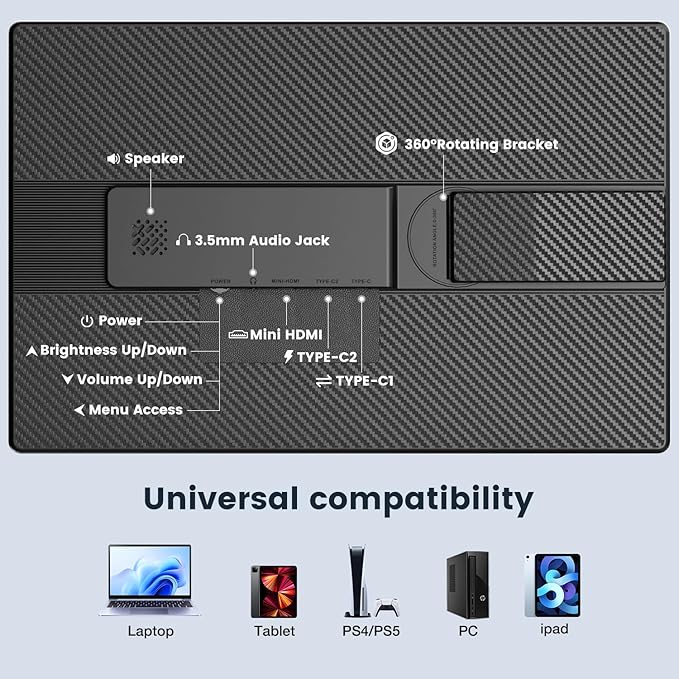 Portable Monitor 16 Inch FHD 1200P Horizontal/Vertical Monitor Plug &amp Play Built-in Speakers &amp Headphone Jack Travel Monitor for Laptop with Premium Smart Cover
