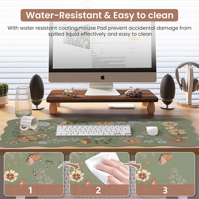 Desk Pad Mat Green Wrist Rest Support for Mouse Pad&ampKeyboard Set Scalloped Vanity mat Protector for Makeup Cute Floral Nail Mat Aesthetic Desk Protector for Women's Office Home Dorm