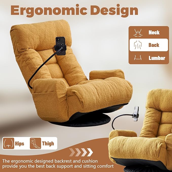 360° Swivel Floor Gaming Chair Teddy Folding Lounge Chair Sofa Chair with Adjustable Head and Waist Armrests &amp Phone Holder Padded Cushion Leisure Chairs for Living Room Bedroom (Yellow)