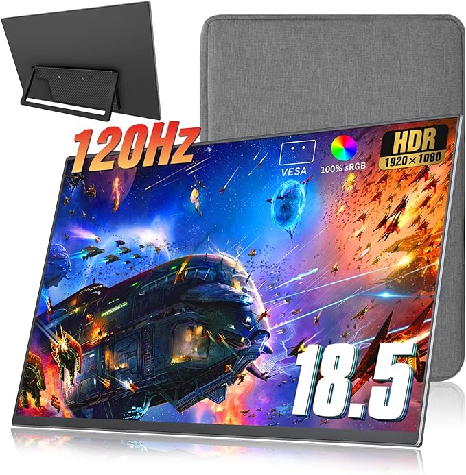 18.5 inch Portable Monitor + Sleeve 120Hz 1080P100% sRGB FHD HDR USB HDMI with VESA Ultra Slim Portable Laptop Office Monitorfor Computer Switch Phone Game Devices
