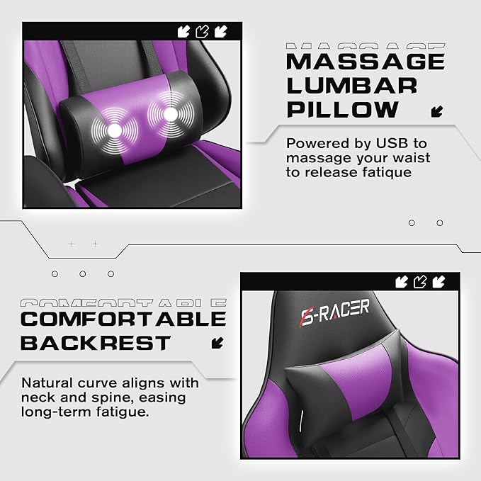 Homall Gaming Chairs Computer Chair with Footrest and Massage Lumbar Support Height Adjustable Game Chair with Headrest and Swivel Seat (Purple)
