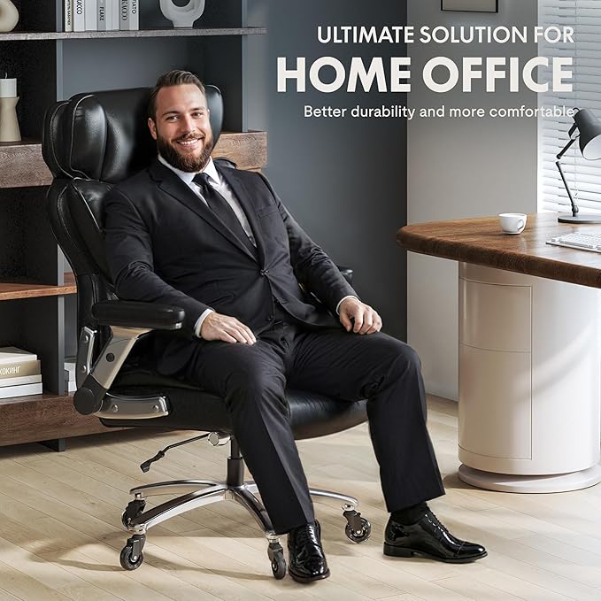 FLEXISPOT 600lbs Big and Tall Office Chair for Heavy People Heavy Duty Computer Desk Chair with Dynamic Lumbar Support 2D Armrest Blade Wheels Chairs for Home Office Gaming Working Leather Black