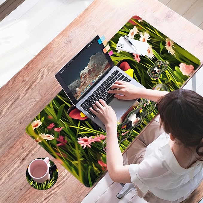 Mouse PadLarge Desk Mat Set 4in1 XL Mousepad + Keyboard Wrist Rest+Mouse Wrist Rest+Coaster with Ergonomic Desk Pad for Home Office Table Computer Cover -Cute Calf in Flower Field