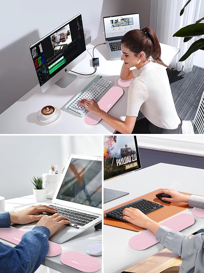 TopMade Upgraded Wider Wrist Rest Set Soft Memory Foam Keyboard Hand Rest Pad Computer Ergonomic Keyboard Mouse Wrist Support for Typing Pain Relief Comfort for Office Gaming Study Pink