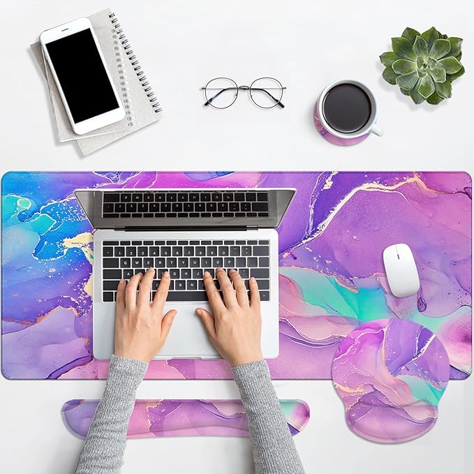 Arttown Purple Blue Marble Desk Mat Painting Golden Mouse Pad Set with Wrist Support 4-in-1 Large Mousepad+Keyboard Wrist Rest+Mouse Wrist Rest+Coaster with Ergonomic Design Non-Slip Mat