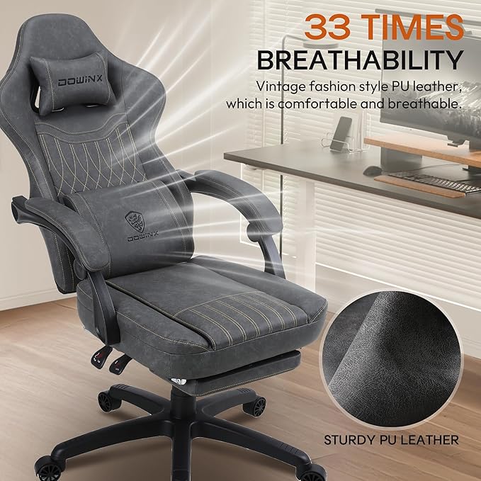 Dowinx Gaming Chair Breathable PU Leather Gamer Chair with Footrest Massage Lumbar Support Big and Tall Ergonomic Reclining Computer Chair with Pocket Spring Cushion for Adults Teens (Grey)