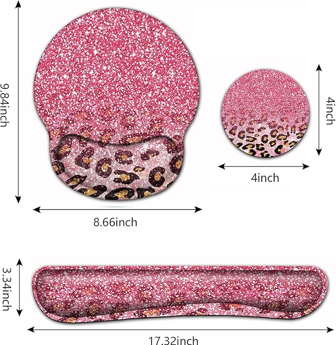 Ergonomic Mouse Pad Gel Wrist Support and Memory Foam Keyboard Wrist Rest Set for Gaming Computer Office Laptop Easy Typing Wireless Mouse Mat Pink Glitter Leopard Pattern Office Desk Pad