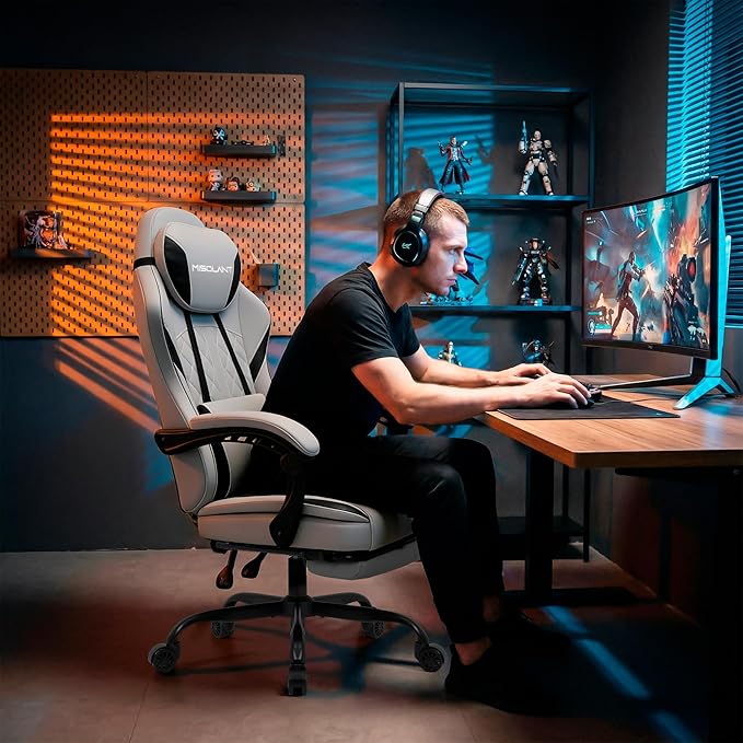 Misolant Gaming Chair Fabric Gamer Chair with footrest for Adults High Back Ergonomic Computer Game Chair with Adjustable Headrest and Massage Lumbar Support 90-155° Recline Free Gray