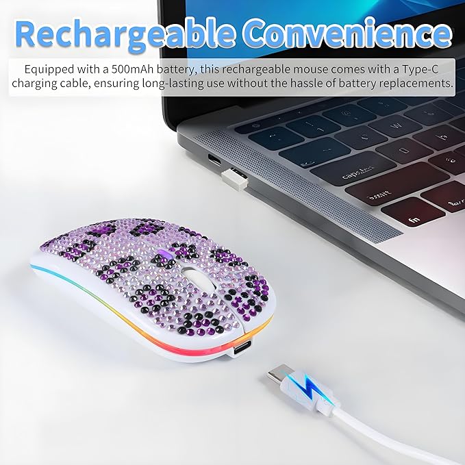 Rechargeable Bluetooth Wireless Mouse with Bling Crystal Rhinestones &amp 7-Color LED Lights - Silent Dual Mode Wireless Mouse for Laptops PCs and Macs - Perfect for Office Travel &amp Home Use (