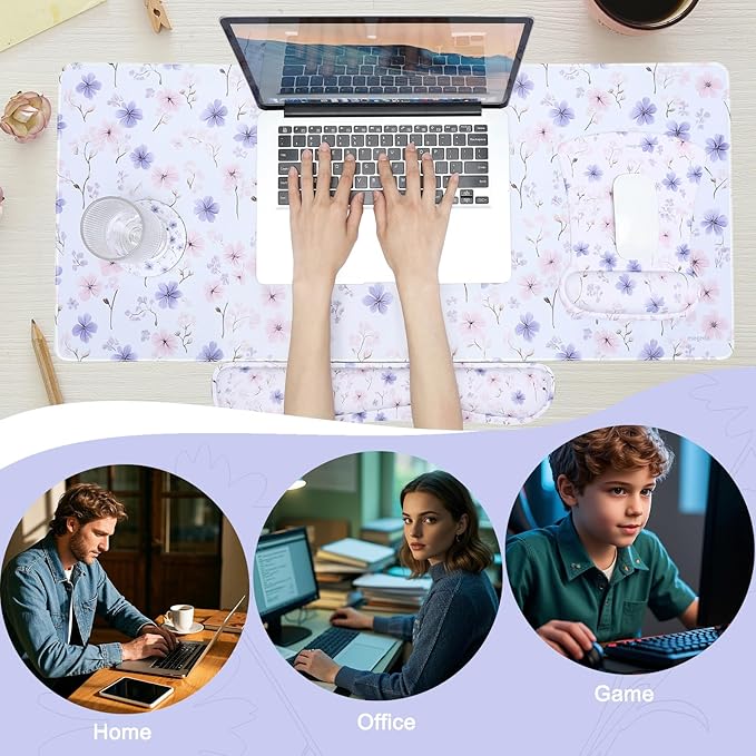 MEGREZ 4-in-1 Ergonomic Memory Foam Wrist Rest Set Desk Pad Mouse Pad with Wrist Rest Keyboard Pad Suitable for Office Workers Programmers &amp Gamers–Relieve Typing &amp Gaming Fatigue White